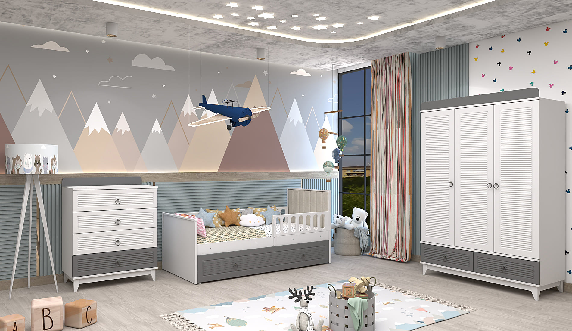 Versace gri beyaz 3 kapılı karyolalı çocuk odası