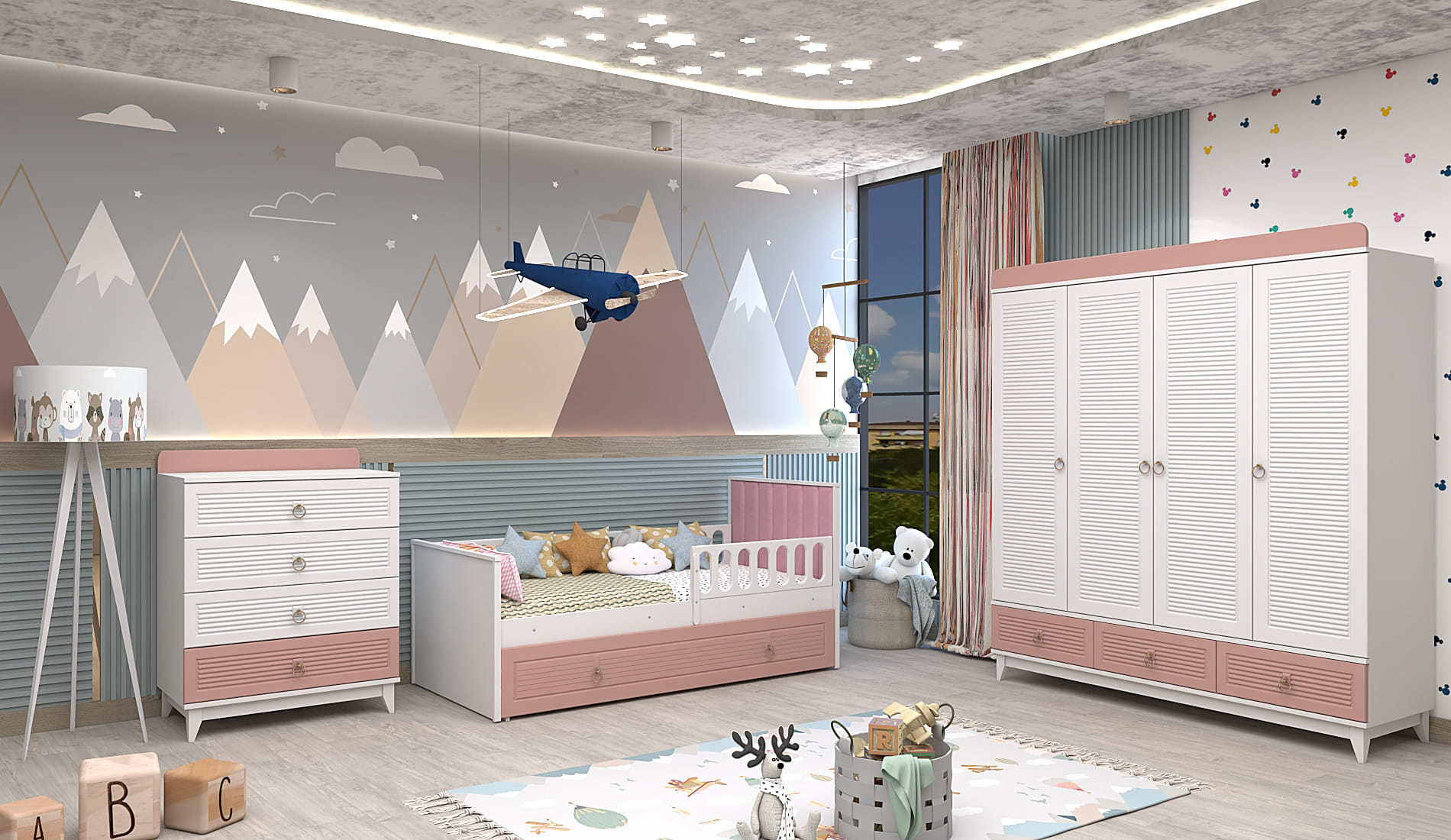 Versace pembe beyaz 4 kapılı karyolalı çocuk odası