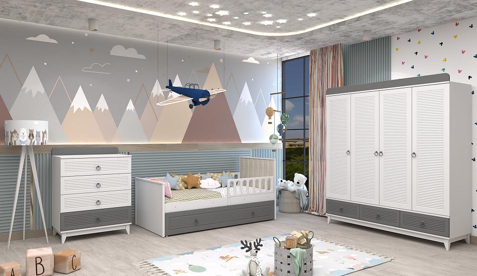 Versace gri beyaz 4 kapılı karyolalı çocuk odası